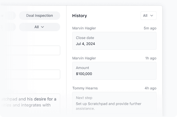 Deal history panel listing close date, amount, and next step changes with timestamps