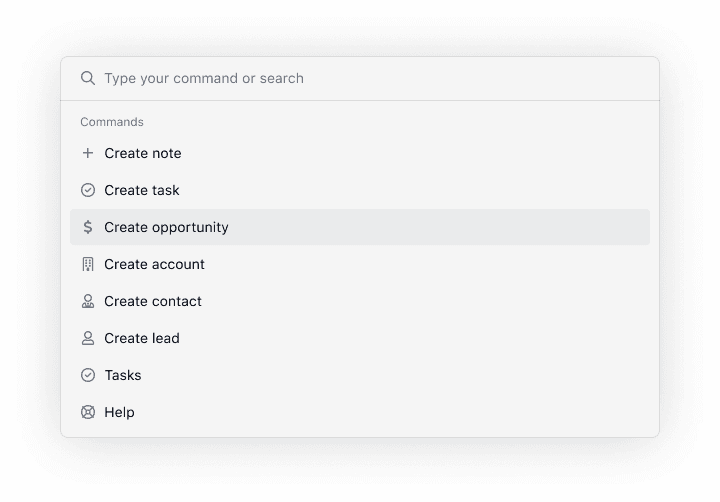 HUD command palette: create note, task, opportunity, account, contact, lead