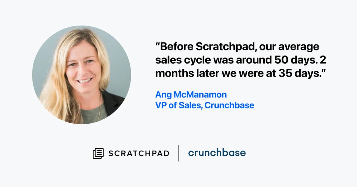 Testimonial from Ang McManamon, VP of Sales at Crunchbase