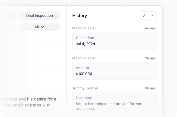 Deal history panel listing close date, amount, and next step changes with timestamps
