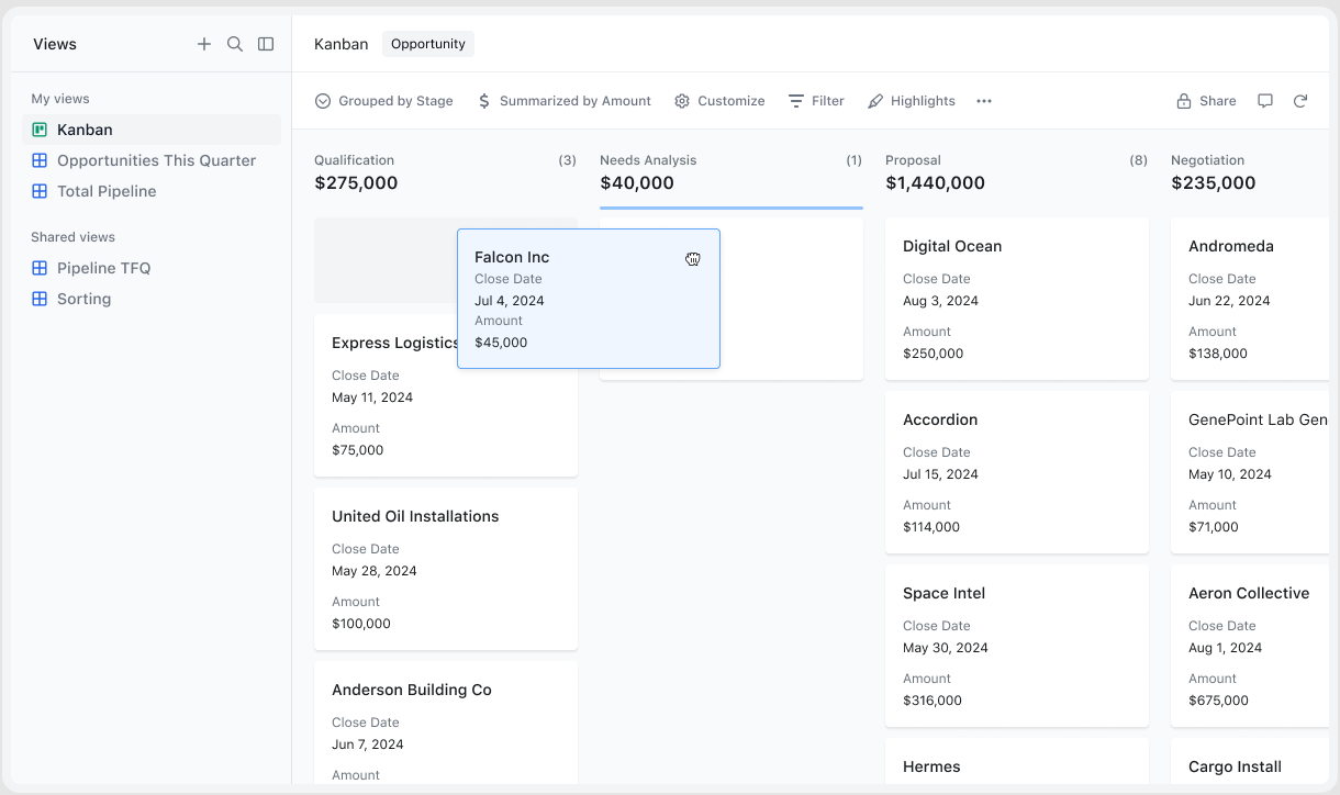 Scratchpad Kanban view of opportunities grouped by stage with amounts per column